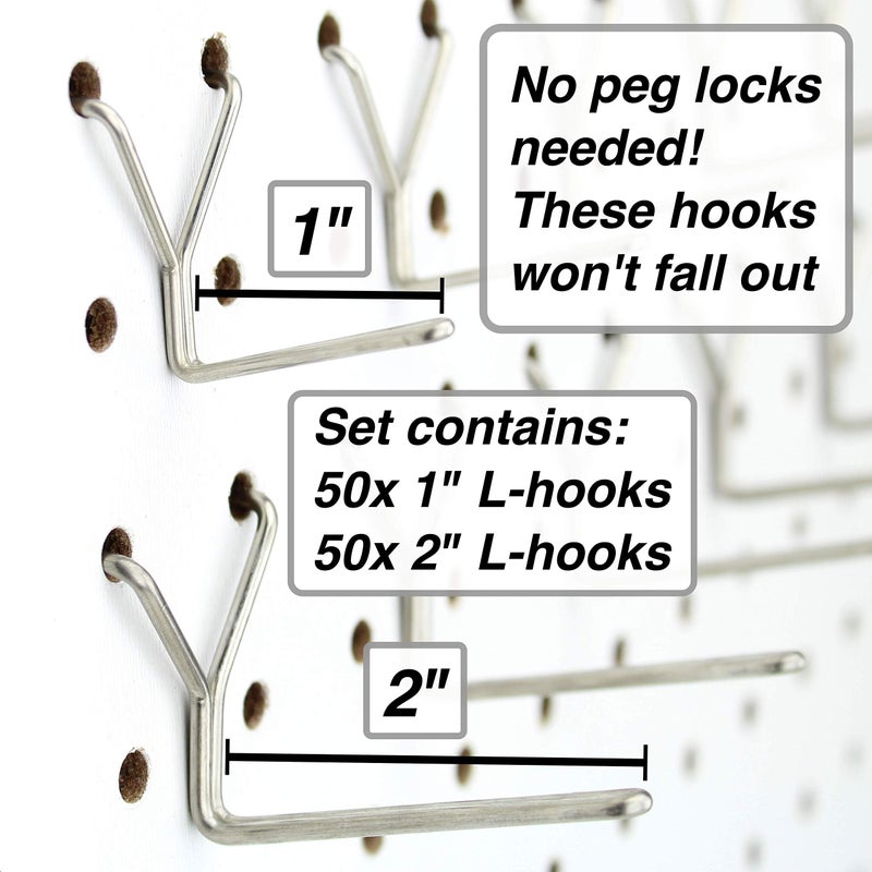 Right Arrange Pegboard Hooks 100-Pack 1"" + 2  L Hook - Zinc Plated Will Not Fall Out - Fits Any Peg Board - Organize Tools  Accessories  Workbench  Garage Storage  Kitchen  Craft or Hobby Supplies  Jewelry - Image 2